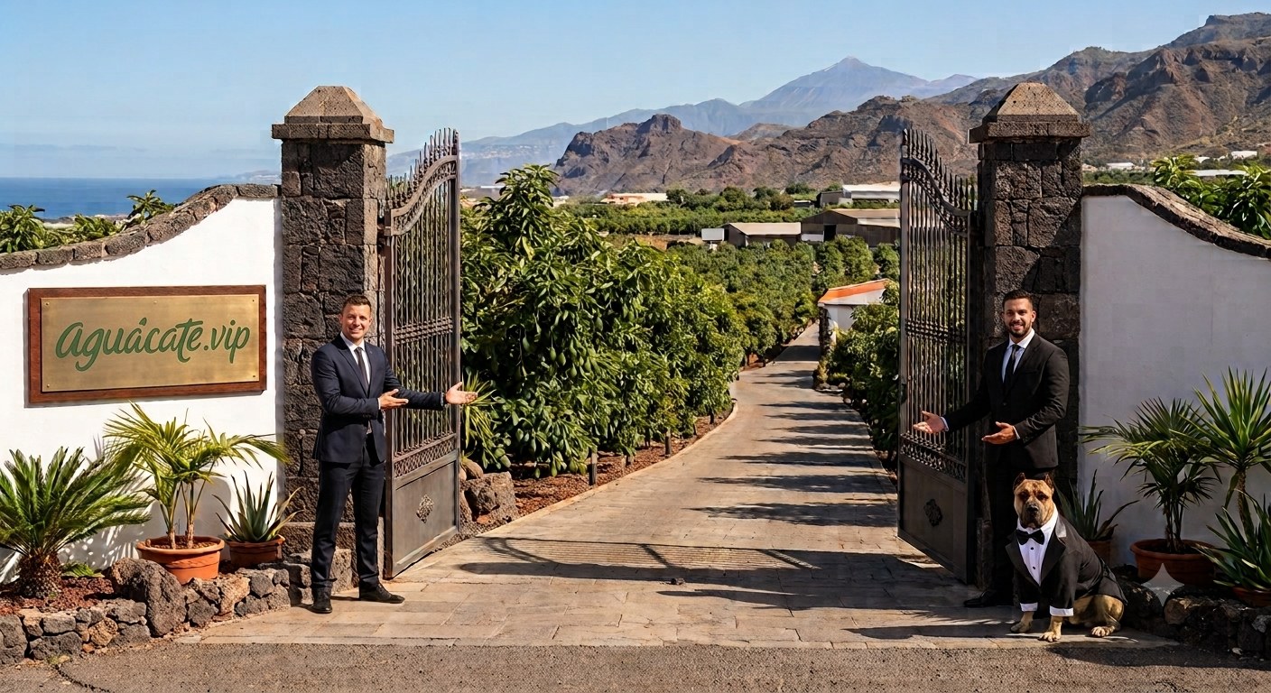 La cancela abierta de la finca, el aguacatal subiendo hasta el Teide y el perro de la casa recibiendo con pajarita